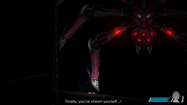 Chisel encountering a gigantic mechanical spider in a dark room. She yells, 'Finally, you've shown yourself...!'